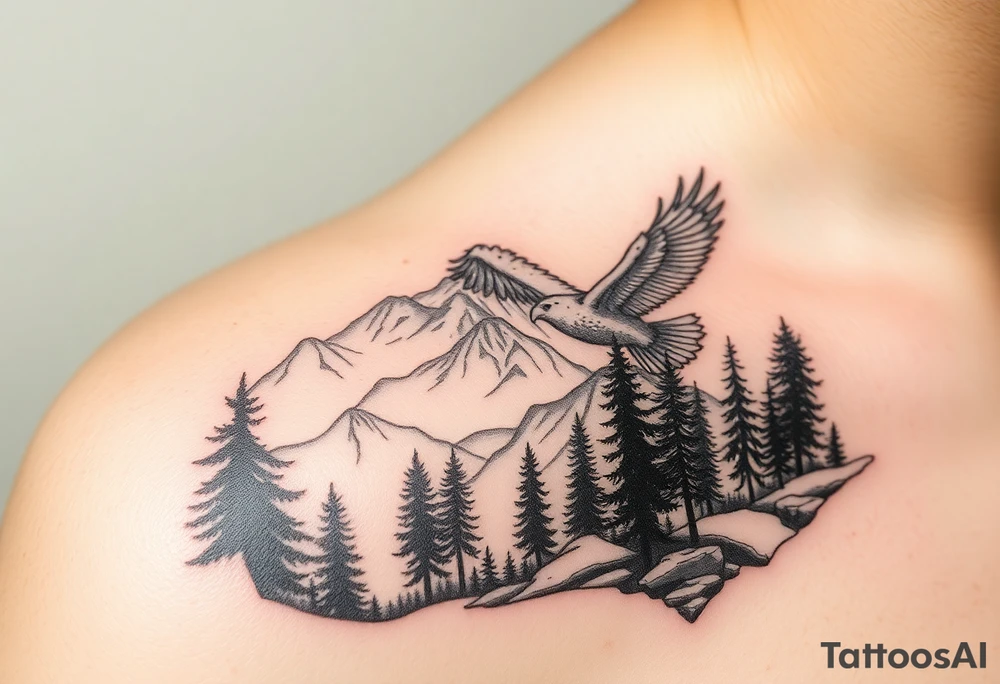 Mountain View with large trees and an eagle flying tattoo idea