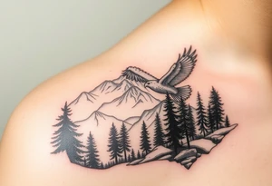 Mountain View with large trees and an eagle flying tattoo idea
