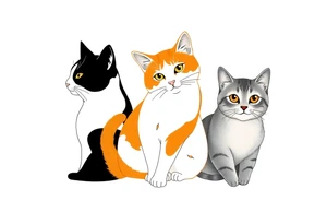 three cats, one black and white cat, one orange and white cat and one grey tabby cat tattoo idea