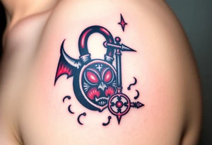 A black and red demonic lock with glowing eyes, with a spiked key floating near it, symbolizing forbidden love tattoo idea