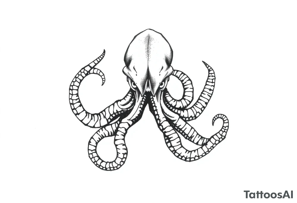 A minimalist blackwork tattoo design of an evil kraken The kraken is viewed from a 45-degree angle facing left, with its head centered. tattoo idea