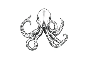 A minimalist blackwork tattoo design of an evil kraken The kraken is viewed from a 45-degree angle facing left, with its head centered. tattoo idea