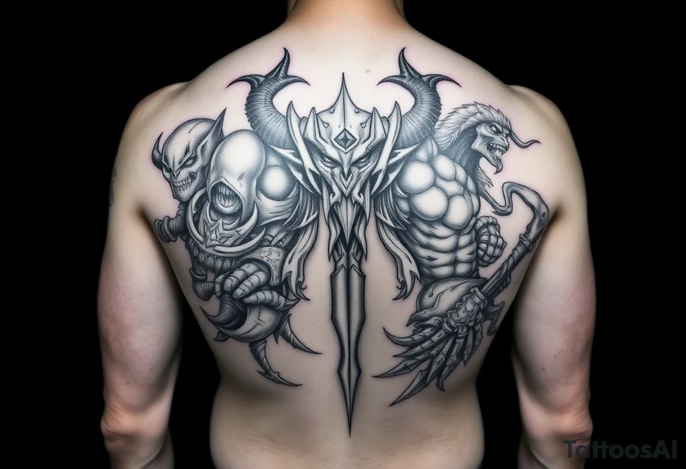 Dota 2 tattoo to fill out entire back with a lot of different heroes including pangolier tattoo idea