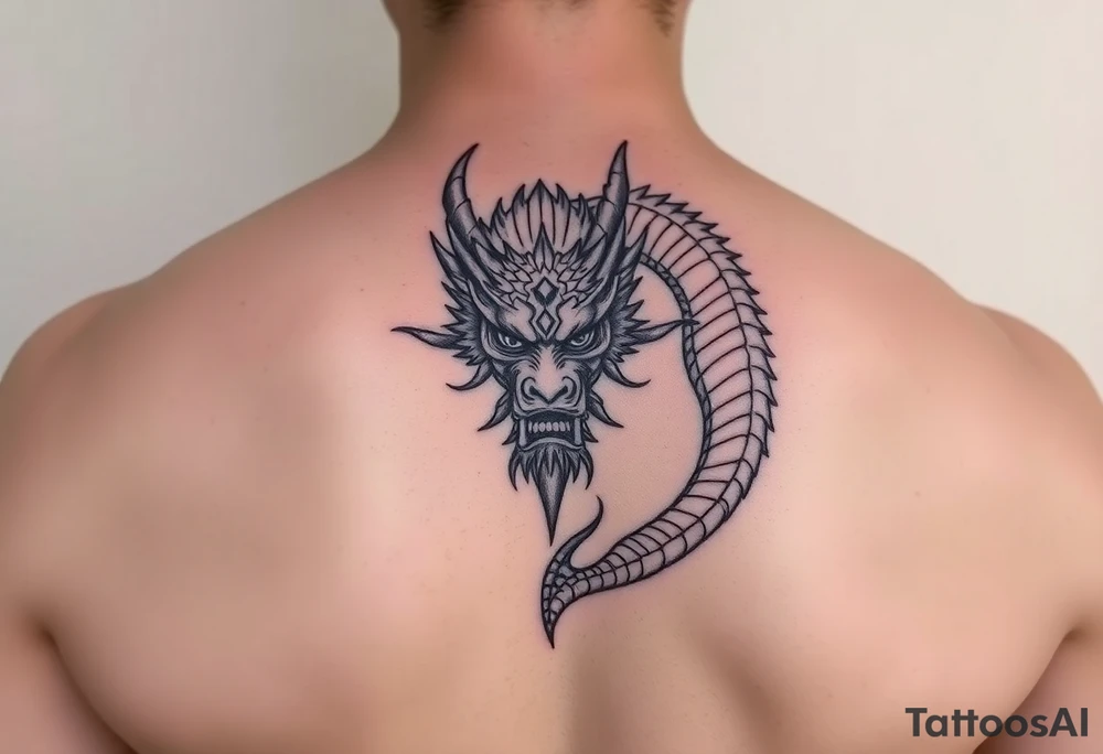 Tatuaje en espalda completa solo de la cabeza de un dragón demonio japones sin cuerpo tattoo idea