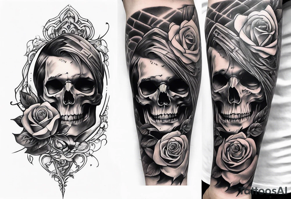 tattoo fool sleeve, old broken gothic home, broken sword, roses tattoo idea