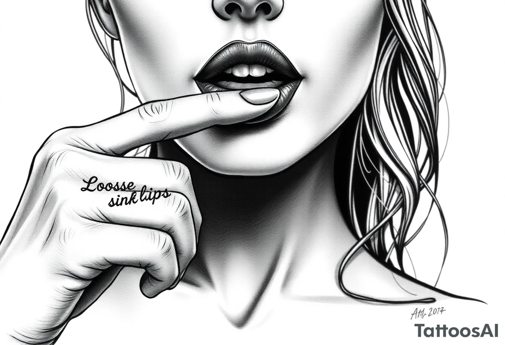 realistic portrait of sexualised woman with her finger to her lips. Must say on her finger: Loose lips sink ships tattoo idea
