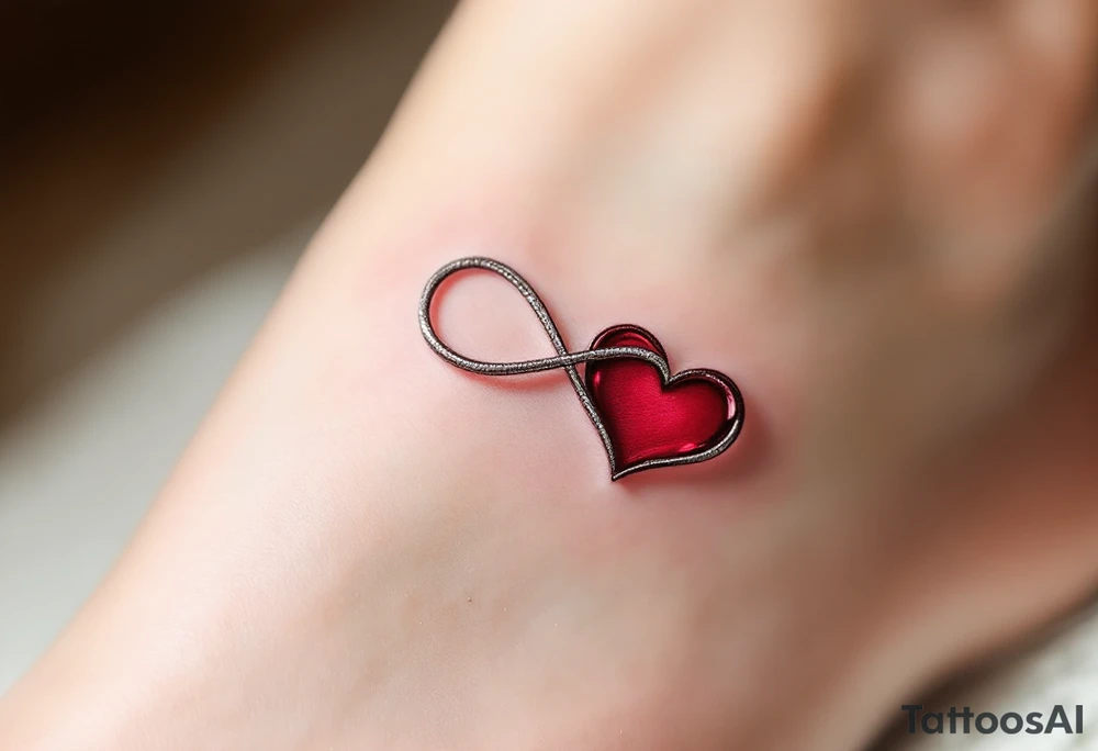 A silver infinity symbol with a deep crimson heart woven into one side. tattoo idea