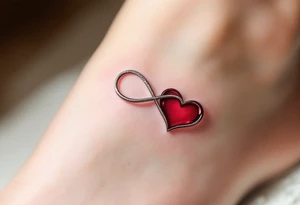 A silver infinity symbol with a deep crimson heart woven into one side. tattoo idea
