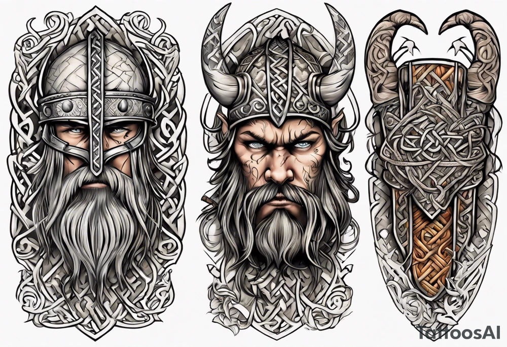 Viking sleeve with heathen writing tattoo idea