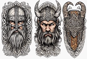 Viking sleeve with heathen writing tattoo idea