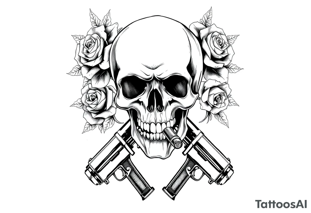 A skull with a cigar, surrounded by thorny roses and crossed pistols. tattoo idea