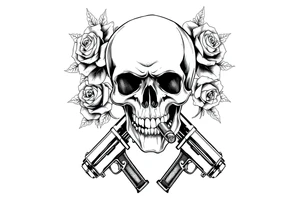 A skull with a cigar, surrounded by thorny roses and crossed pistols. tattoo idea