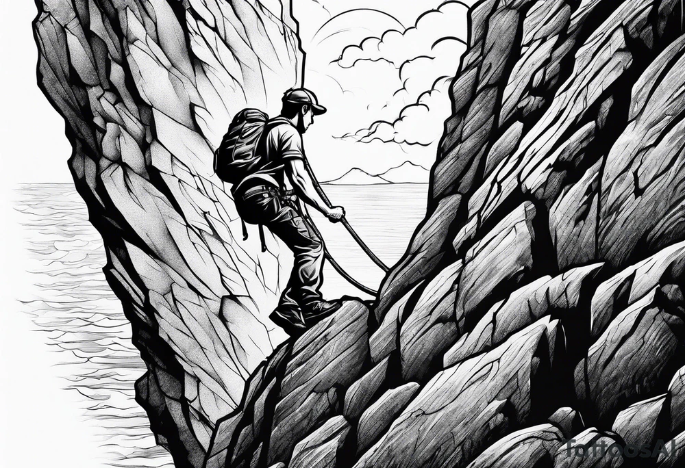 create a tattoo of a naked man climbing a cliff tattoo idea