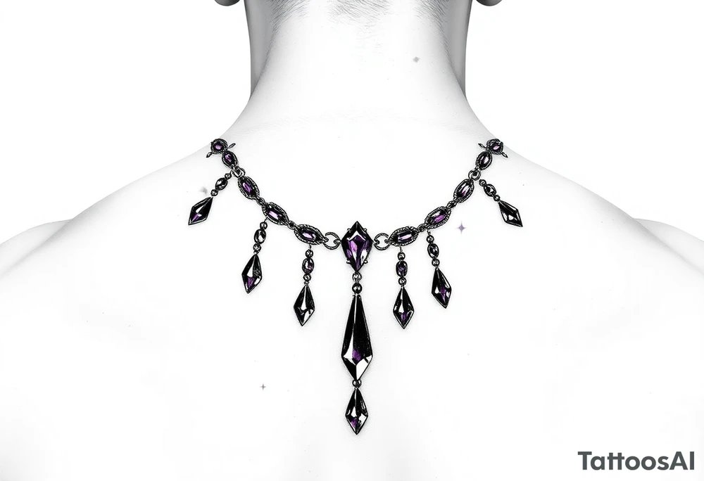 Gothic jewelry draping fine line with amethyst jewels around the neck tattoo idea