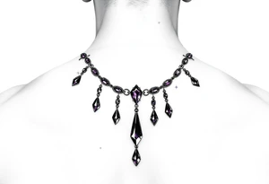 Gothic jewelry draping fine line with amethyst jewels around the neck tattoo idea