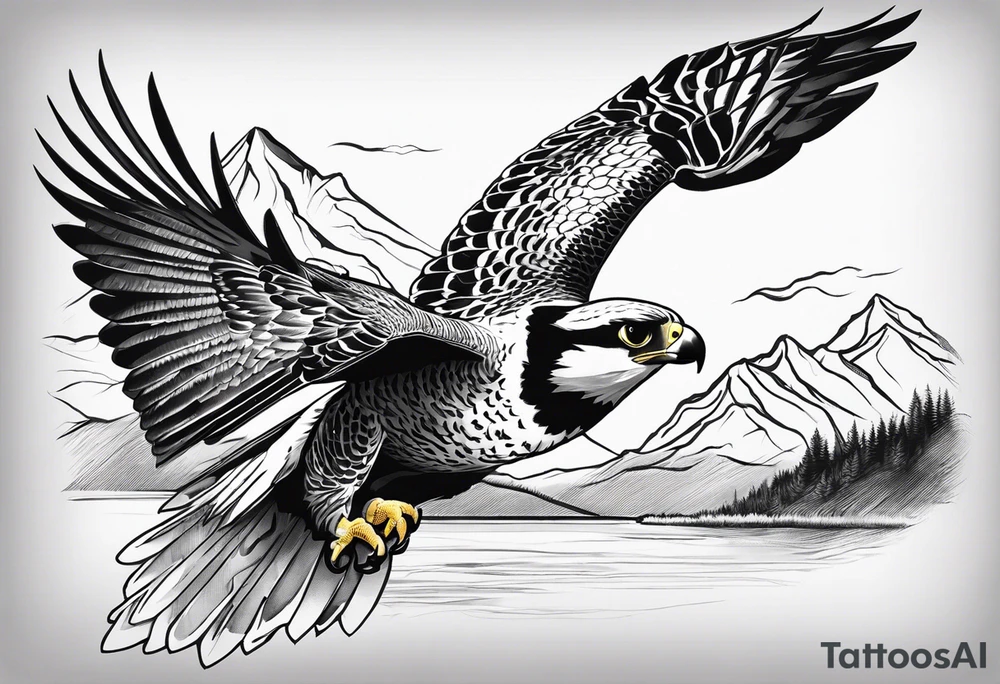 I would like to design a full sleeve tatoo with an outdoor theme. I want to have a mountain and a river on the upper outside part of the arm and a large peregrine falcon holding a snake somewhere else in the tatoo tattoo idea