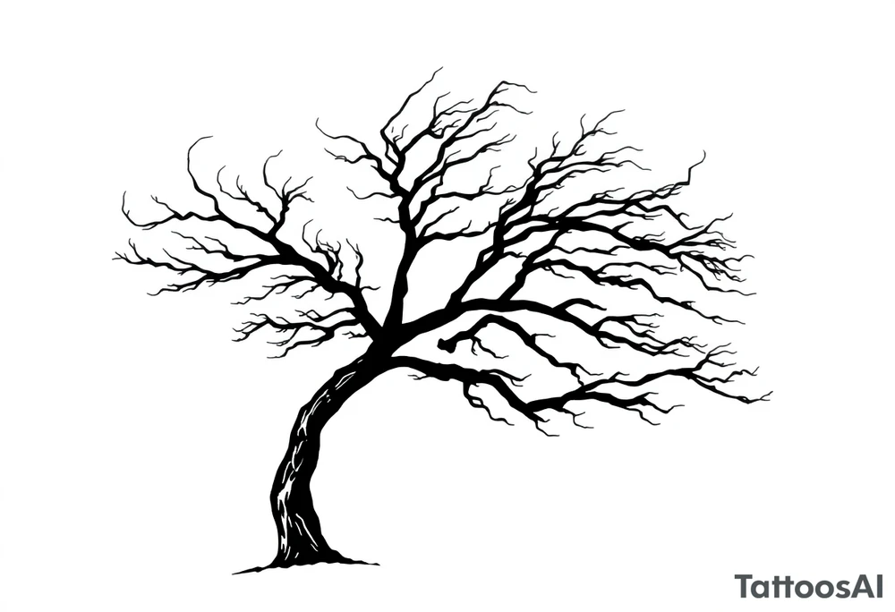 simple windy tree. The tree has strong winds and its branches are bent. The background is a clear sky. tattoo idea