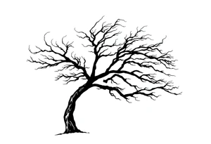 simple windy tree. The tree has strong winds and its branches are bent. The background is a clear sky. tattoo idea