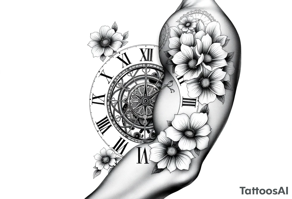 vintage roman numerals within ornate clockwork mechanism, with name spaces, flowers tattoo idea