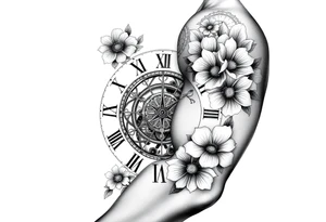 vintage roman numerals within ornate clockwork mechanism, with name spaces, flowers tattoo idea