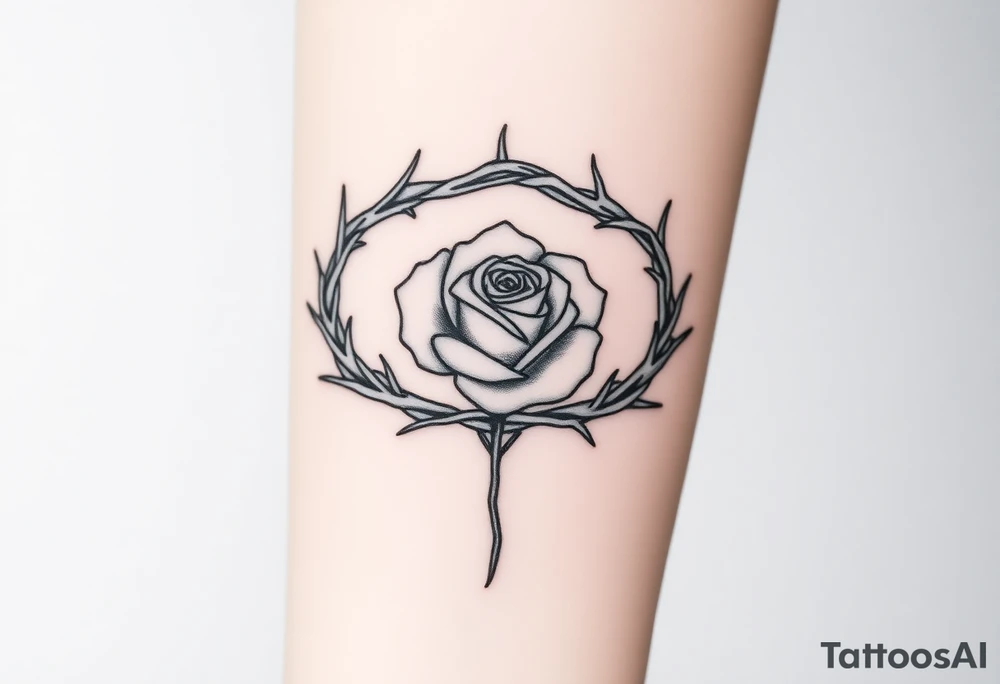 Crown of braided thorns with a rose with a stem in the middle tattoo idea