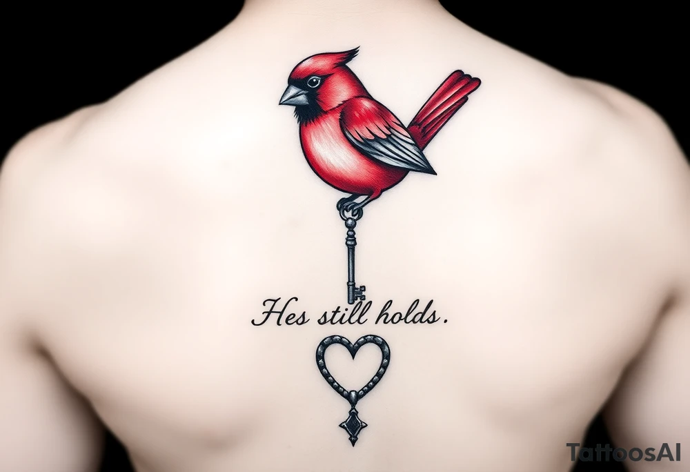Prompt for Tattoo Design (Flat Artwork Version)

A realistic tattoo design of a red cardinal holding a heart-shaped key in its beak. The key matches a classic romantic key design with a beaded chain attached. The chain dangles gracefully downward to connect with a heart lock near the bottom of the design. Include elegant cursive text reading “He still holds the key” beneath the heart. Use clean black and gray ink lines with rich red tones for the cardinal. Style the artwork for tattoo realism, soft shading, and delicate linework, with balanced vertical composition suitable for an inner forearm tattoo. tattoo idea