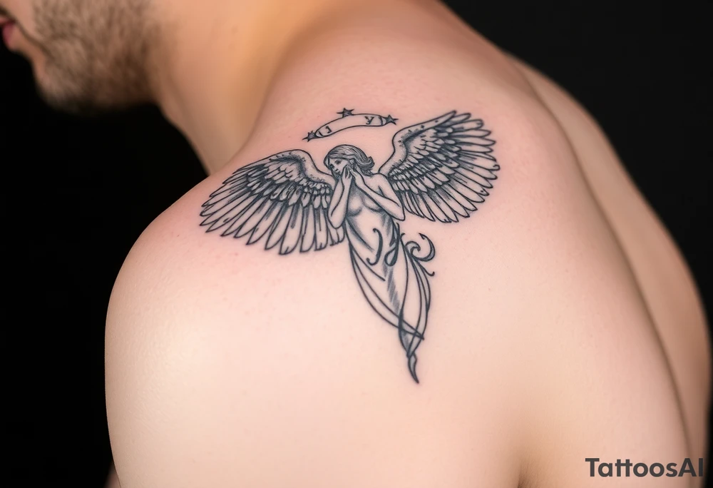 upper arm tattoo - Remembrance angel of a deceased best friend with the name Jazy incorporated tattoo idea