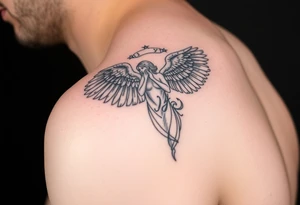 upper arm tattoo - Remembrance angel of a deceased best friend with the name Jazy incorporated tattoo idea