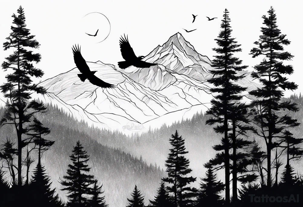 A mountain scape with trees. 5 silhouettes of birds. tattoo idea