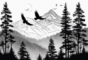 A mountain scape with trees. 5 silhouettes of birds. tattoo idea