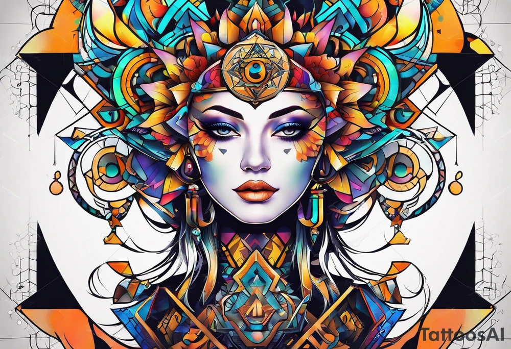 A tattoo design featuring geometric patterns and symbols inspired by psytrance and techno music, creating a unique and futuristic look. tattoo idea