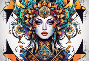 A tattoo design featuring geometric patterns and symbols inspired by psytrance and techno music, creating a unique and futuristic look. tattoo idea