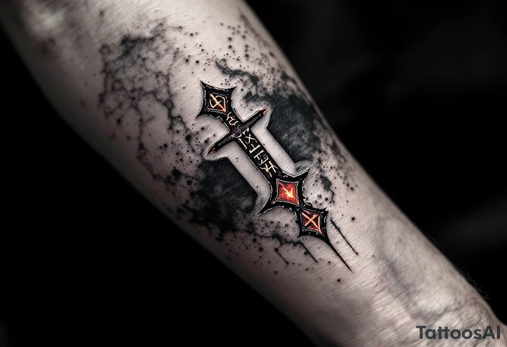 A forearm tattoo featuring a vertical line of deep crimson Slavic runes, each carved with rough stone-like texture and glowing faintly, set against a black and smoky-gray background with subtle ash particles floating around. tattoo idea