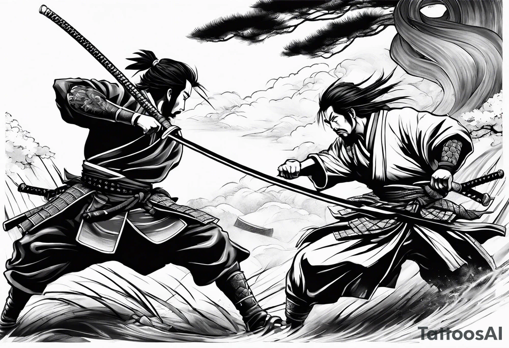 Musashi Miyamoto defeating an enemy samurai in a 1 on 1 duel on a battlefield tattoo idea