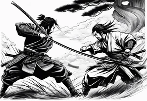 Musashi Miyamoto defeating an enemy samurai in a 1 on 1 duel on a battlefield tattoo idea