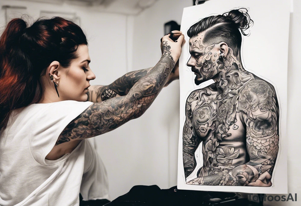 man getting tattooed by a woman tattoo idea