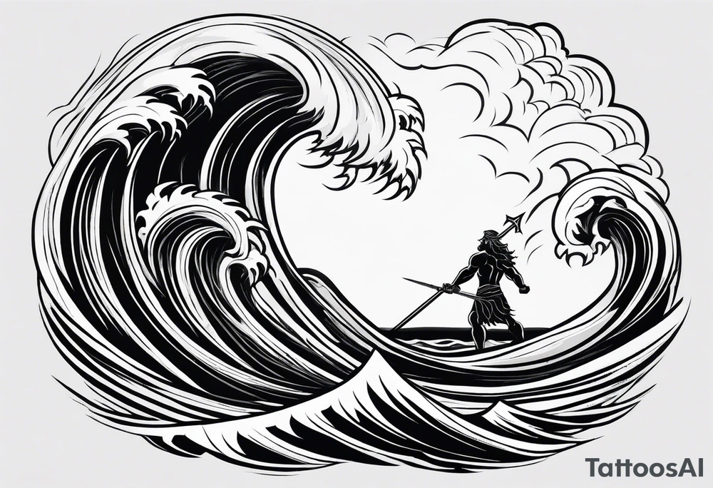 zeus lightning bolt crossed with poseidon trident with stormy waves in the background tattoo idea