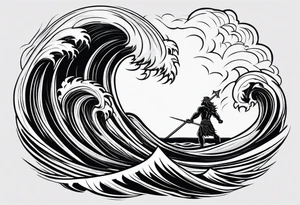 zeus lightning bolt crossed with poseidon trident with stormy waves in the background tattoo idea