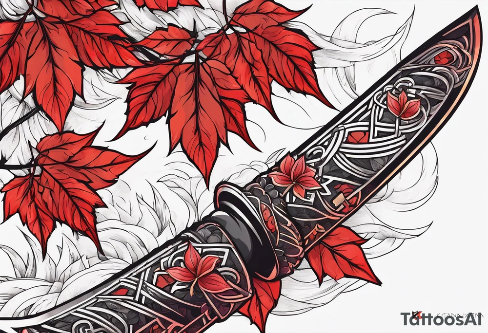 katana, red leaves, red sun tattoo idea