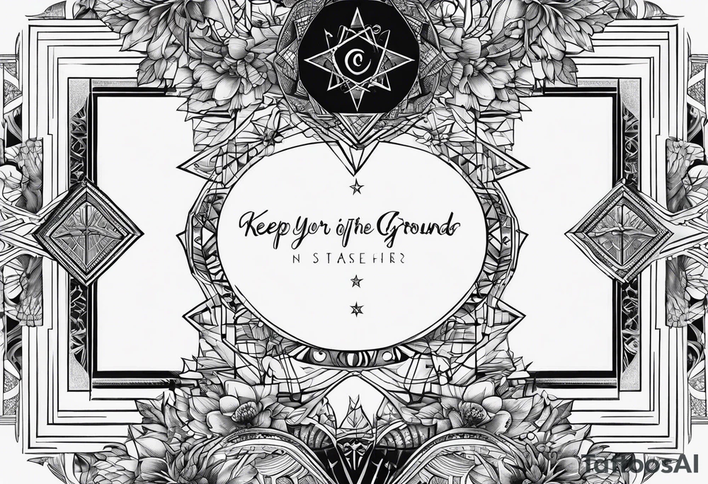Geometric tattoo for back and neck with straight line going up beck depicting saying “keep your feet in the ground and your eyes on the stars” tattoo idea