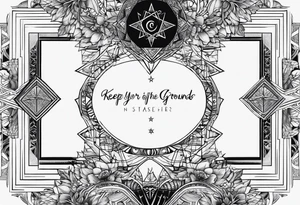 Geometric tattoo for back and neck with straight line going up beck depicting saying “keep your feet in the ground and your eyes on the stars” tattoo idea