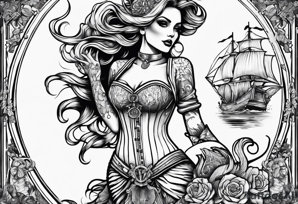 full sleeve skeleton sailor mermaid silhouette outline mechanical nautical tattoo idea