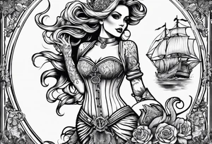 full sleeve skeleton sailor mermaid silhouette outline mechanical nautical tattoo idea