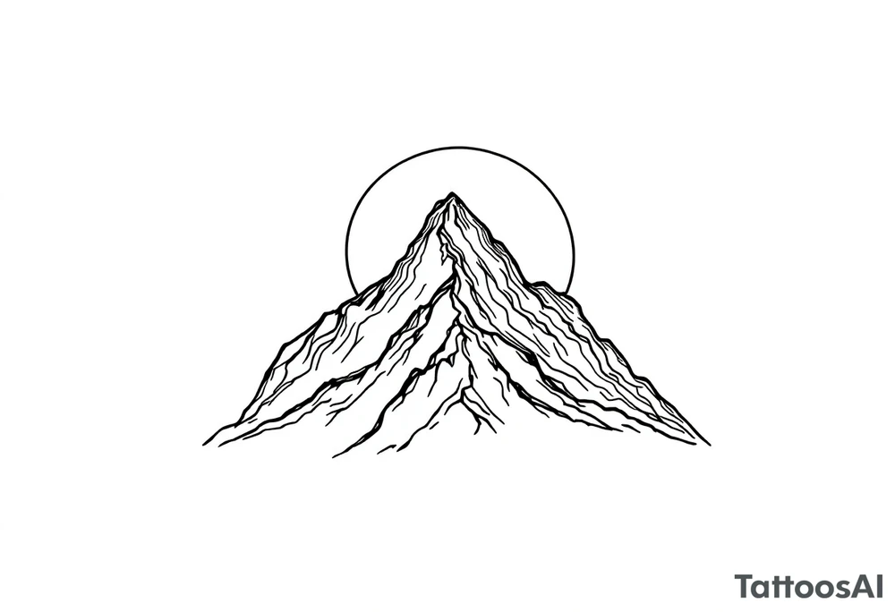 A sleek, triangular mountain outline with smooth, thin lines. Behind the peak, a perfectly symmetrical half-circle sun rises, partially hidden by the mountain’s base. The sun’s curve aligns seamlessly with the mountain, creating balance and flow. There is no shading—just pure, clean lines to keep the design minimalist. tattoo idea