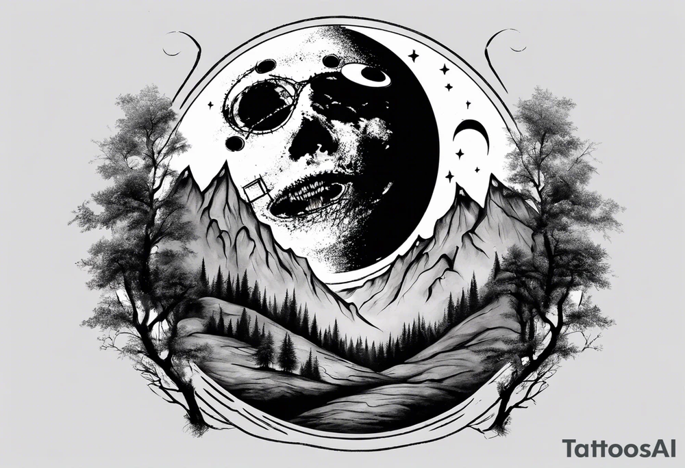 A moon with a face of clock. A mountain in the back ground. The tress in front of the moon tattoo idea