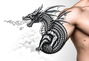 fierce dragon breathing iridescent fire against stormy skies tattoo idea