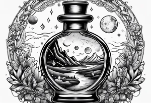 A potion bottle with crystals inside the bottle and the night sky tattoo idea