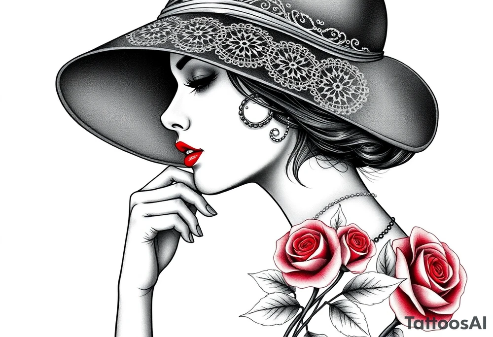 Black and white profile of woman with chin pressed on hand, hat with lace covering her eyes as she looks to the distance
, pearl necklace in her mouth with red lips flowers around her with one red rose standing out thigh tattoo tattoo idea