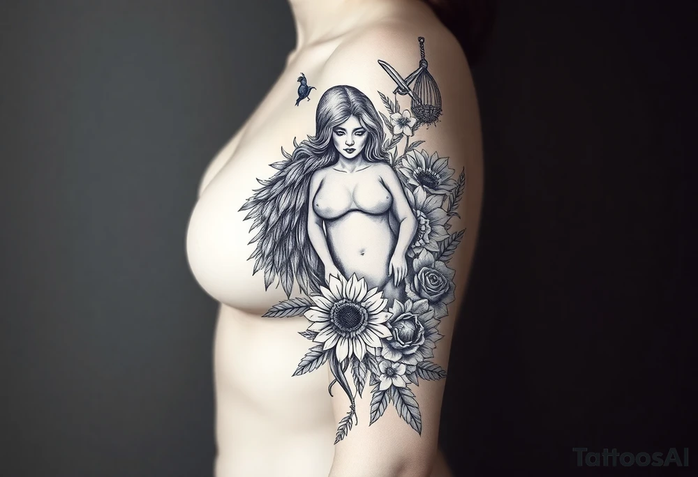 Storm, darkness, seven deadly sins, fat naked woman, peacock, dead sunflower and rosesflowers, razor blades, noose, couple having sex , cupcake ,cigerettes storm clouds tattoo idea