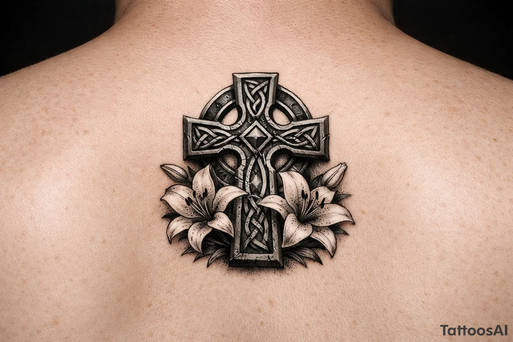 Celtic cross with Lillies memorial tattoo idea